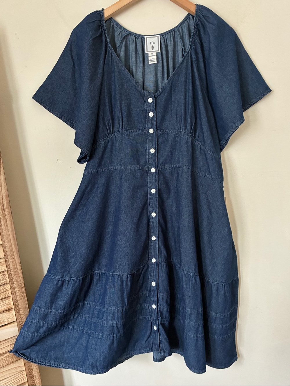 LEA Blue Cotton Denim Button Front Tiered Midi Dress 1X Flutter Sleeve Boho Fall